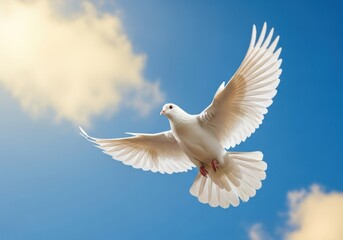 A beautiful white dove with outstretched wings soars gracefully through a vibrant blue sky with soft, goldentinged clouds, symbolizing peace and freedom