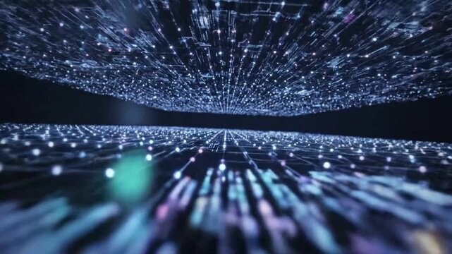 Exploration of digital patterns and lights in a vast space filled with data