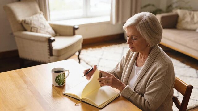 Longevity coffee senior woman writing journal notebook at wooden table cozy living room morning routine calm reflection