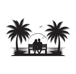 Obraz premium Couple sitting on a bench between two palm trees at sunset by ocean