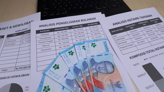 Close-up of Indonesian Rupiah Banknotes on Financial Documents