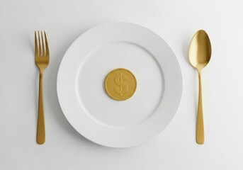 A single gold coin with a dollar sign in the center, placed on a white plate with a gold fork and spoon on a white background
