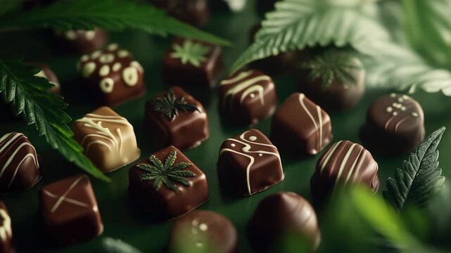 A selection of chocolates with various designs and patterns, some are decorated with leaves and plants.