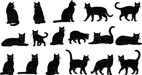 Black silhouette set of various domestic cats in different poses including sitting walking stretching and lying down for pet care and feline concepts © Monjurul