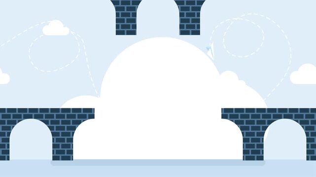 Hand of the businessman in costume lifts up the central part of the brick bridge. Missing fragment of the arch bridge. The giant hand creates a problem area. Attack on the business. 2D flat animation.