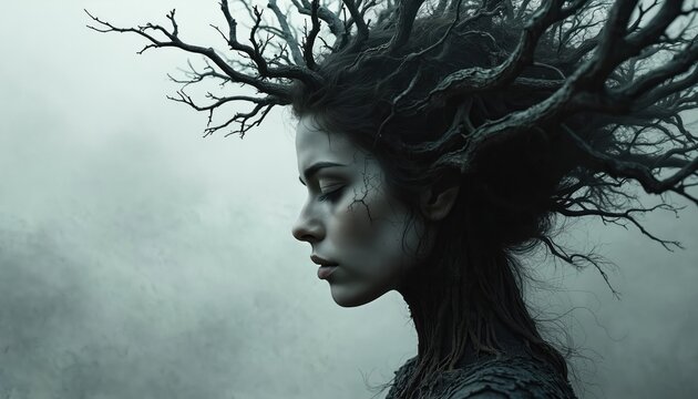 Woman with tree branches as hair profile. Dark organic texture merges with person. Mysterious portrait in soft grey fog. Nature inspired art fantasy.
