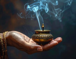 Hand Holding Ornate Golden Incense Burner Releasing Blue Smoke Against Dark Textured Background
