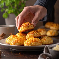 Hand Reaching For Golden Baked Cheese Scones On Rustic Plate With Coffee Cup And Green Plant In Background Warm Lighting