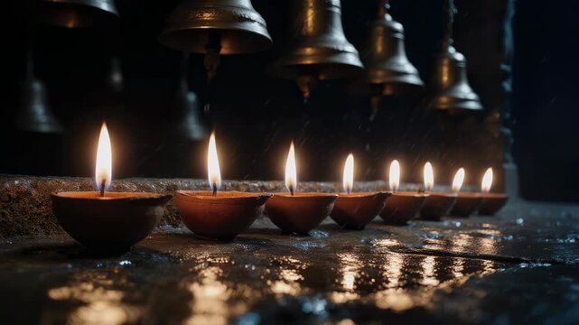 Cinematic Low Angle of Hanging Temple Bells Above Row of Burning Diyas on Wet Stone Surface