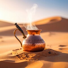 Antique Copper Turkish Coffee Pot Steaming Hot on Desert Sand Dunes Under Golden Sunlight