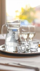Clear glass pitcher filled with sparkling water beside two wine glasses on a reflective tray with soft natural light illuminating the scene