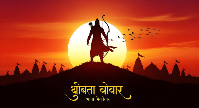 Happy Ram Navami Vector Background Design with Silhouette Lord Rama Illustration