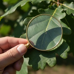 Hand Holding Magnifying Glass Examining Green Oak Leaf Detailed Texture in Sunlight
