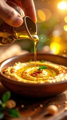 Rich Creamy Hummus With Drizzled Olive Oil and Red Pepper Flakes in Wooden Bowl Overhead Warm Bokeh Lighting