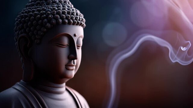 Serene buddha statue in meditation with soft incense smoke, calm spiritual still life with warm light and shallow depth of field, mindfulness and zen concept for wellness design, yoga branding