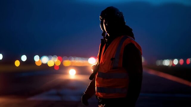 Engineer inspecting halogen fixtures on airport runway for consistent illumination during night flights under clear sky conditions.