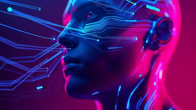 Futuristic neon cyborg portrait with glowing circuit lines, cyberpunk artificial intelligence concept for technology branding, sci fi posters and digital backgrounds	