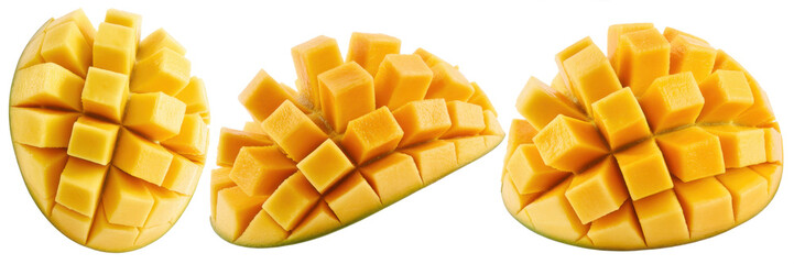 Cubed Mango Halves in Bright Studio Lighting on White Background for Food Styling