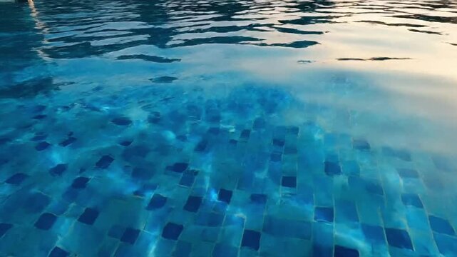 Relaxing moments by the swimming pool during sunset with clear water and gentle waves in a warm atmosphere