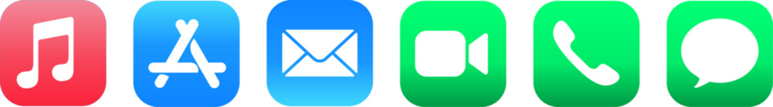 Apple iOS app icon set with vibrant gradients, mobile software interface elements for music and mail, colorful rounded square buttons for smartphone devices