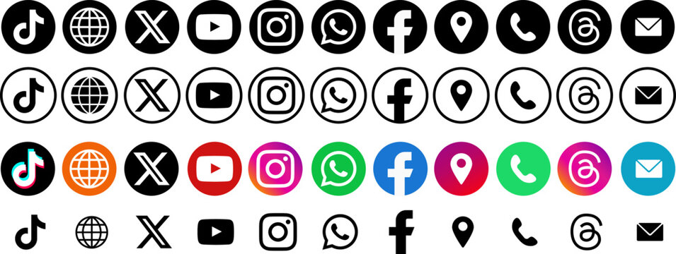 Collection of social media icons in various styles, circular vector buttons for web design, complete set of digital platform logos