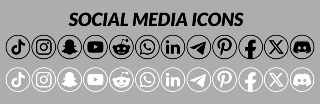 Complete set of social media icons in black and white outlines, circular vector buttons for web and app design, icon library of various digital platforms