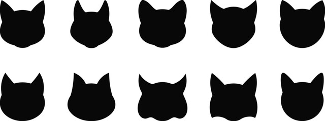Cat head silhouettes set, black feline face icons collection, cute kitty avatar shapes isolated on white background © CreativeStorage