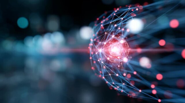 Futuristic digital network visualization with glowing nodes, interconnected lines, symbolizing advanced technology, data transfer. Abstract representation artificial intelligence, innovation