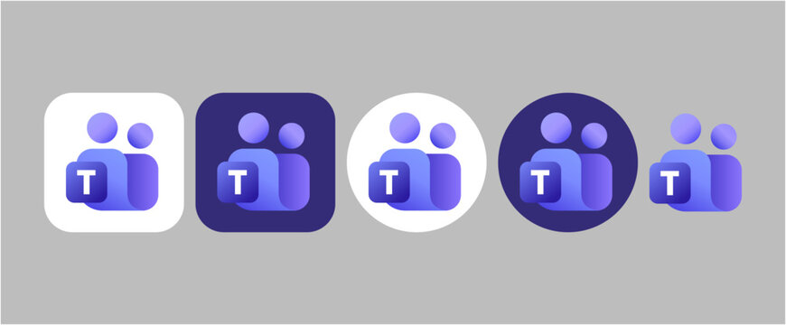 Variations of the Microsoft Teams application icon with purple color gradients, collaborative workspace software buttons in square and rounded circular frames, professional communication tool assets