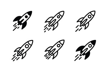 Minimalist Black and White Rocket Ship Icons in Flight