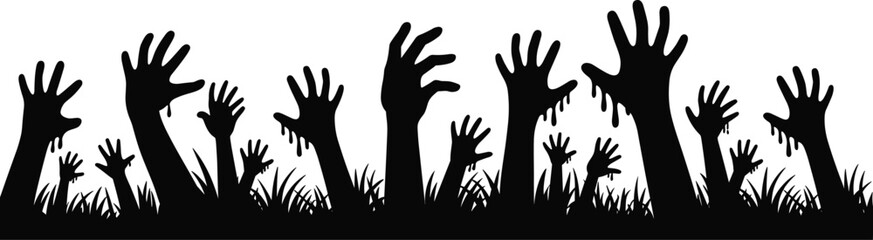 Fototapeta premium Creepy zombie hands rising from ground silhouette, spooky undead arms in grass isolated on white background Halloween illustration