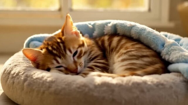 Cat sleeping in cozy bed near sunny window