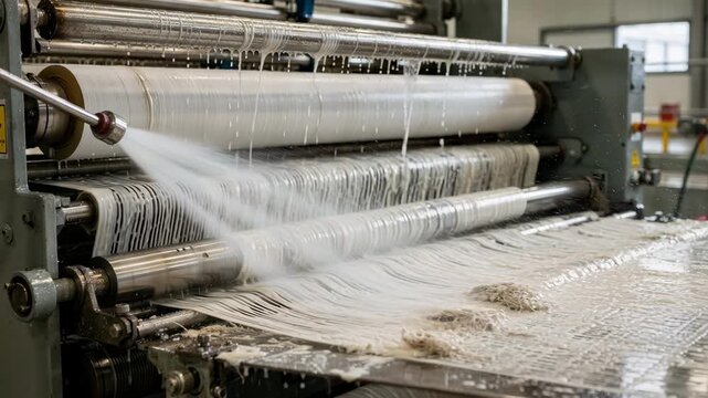 Close view of paper machine wet end during washdown highlighting thorough cleaning of headbox wire and dewatering parts with water jets ensuring smooth operation.