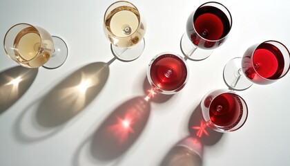 Various wine glasses with red, white wine arranged on white surface. Long shadows stretch across clean background under studio lighting. Minimalistic composition highlights elegant shapes of