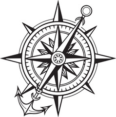 Obraz premium Luxury Monoline Compass Badge Silhouette Black Vector Minimal Navigation Emblem Isolated Transparent Background Elegant Branding Logo Template