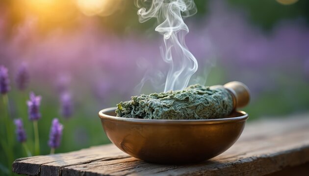 Smoldering sage bundle in rustic bowl outdoors amidst lavender field. Wispy smoke rises during natural cleansing ritual. Peaceful nature scene promotes wellness.