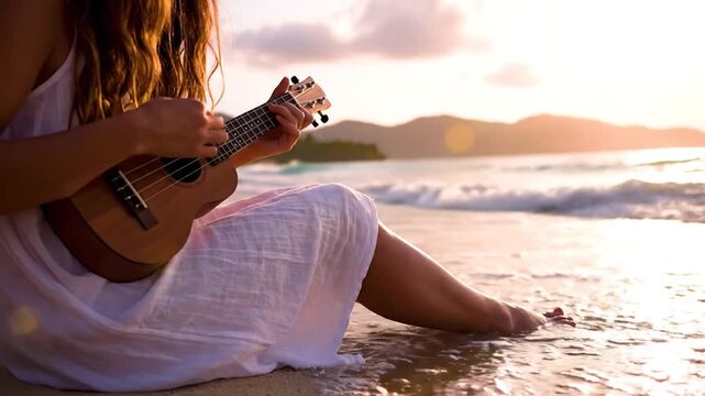 Woman playing ukulele on serene beach at sunset