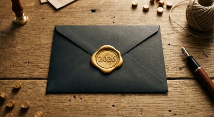 Envelope Sealed 2026 on Rustic Table for Future Invitation