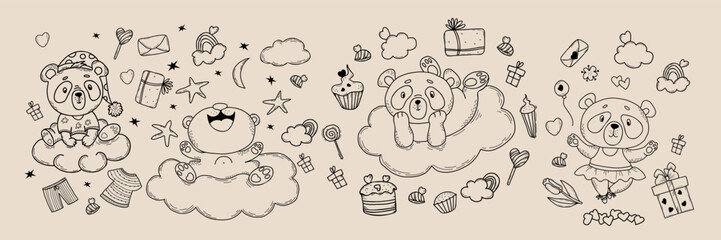 Set with cute panda on cloud. All around there are gifts, sweets, cakes and sweets, lollipop and rainbow. Vector illustration. Linear hand drawings with animal character for kids collection and design © STOCK HUB