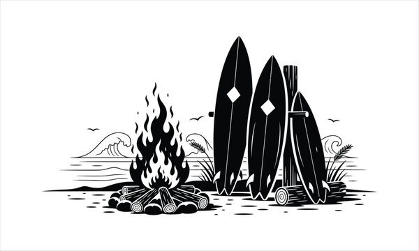 Surfboard & bonfire Vector silhouette illustration design, surfboard bonfire vector, beach fire surfboard silhouette, coastal bonfire vector illustration, surf campfire silhouette, seaside fire