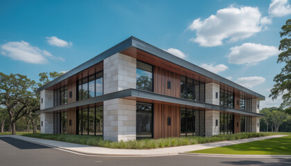 Modern Office Building with Natural Wood and Stone Facade in Bright Daylight for Corporate Real Estate