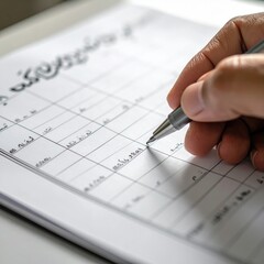 Close up of a hand holding a pen and filling in a date on a calendar or planner with detailed grid lines and text