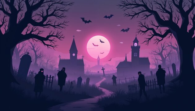 Spooky graveyard scene under pink full moon. Silhouetted zombies walk past tombstones and gothic churches with creepy bare trees and flying bats.