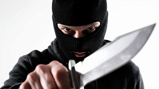 Masked person holding a knife in a well-lit room, showing intent in a tense situation