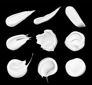 White cosmetic cream smears vector set isolated on black background, realistic skincare texture, beauty lotion strokes, luxury cosmetic product texture