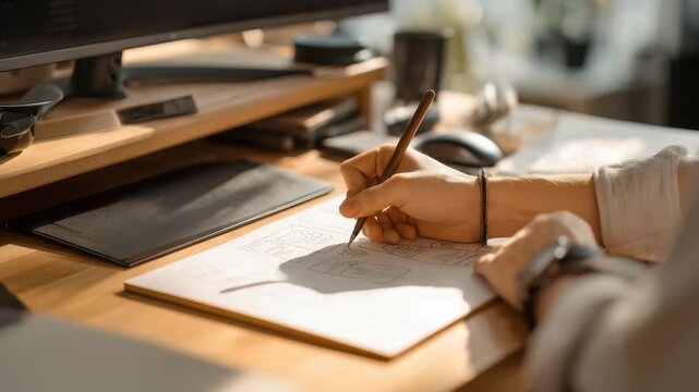 Creative designer sketching website wireframes on paper at a modern workspace, focusing on user experience and interface layout. Bright sunlight illuminates the organized desk area