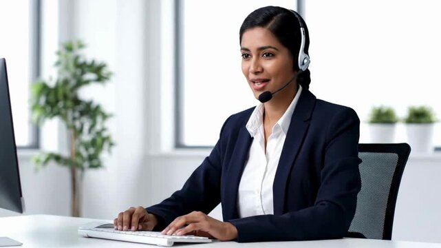 Focused female customer support agent assists clients online with headset and computer, embodying efficient digital communication in a modern office setting