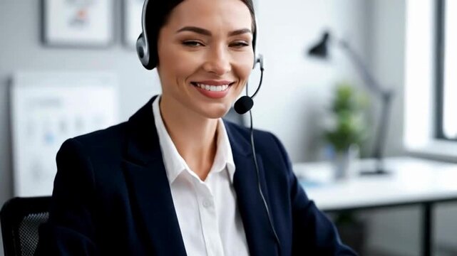 A smiling female customer service representative with a headset on in a professional office setting
