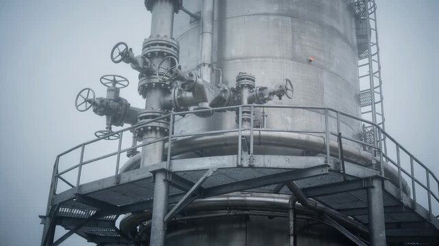 Closeup view of a pressurized continuous digester tower enveloped in soft fog highlighting metal valves and platform structures in diffused light.