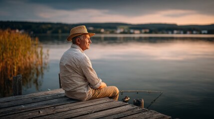 A man in a straw hat sits on a dock by a lake. The water is calm and the sky is a mix of orange and pink. The man is enjoying the peaceful scenery